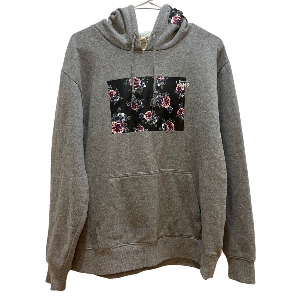 Vans Women M Gray Rose Bud Floral Front Pocket Hoodie Skate Surf Coastal